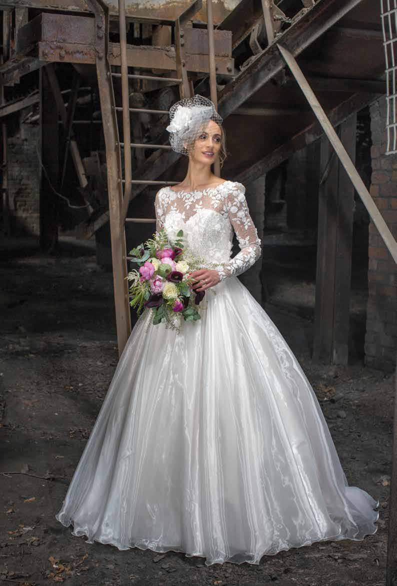 [Right] Lace gown with offthe-shoulder illusion neckline by Mary s Bridal, POA, Isobel Florence Bridal. 18ct white gold and diamond pendant and earrings set, 1,380, James Brown & Partners.