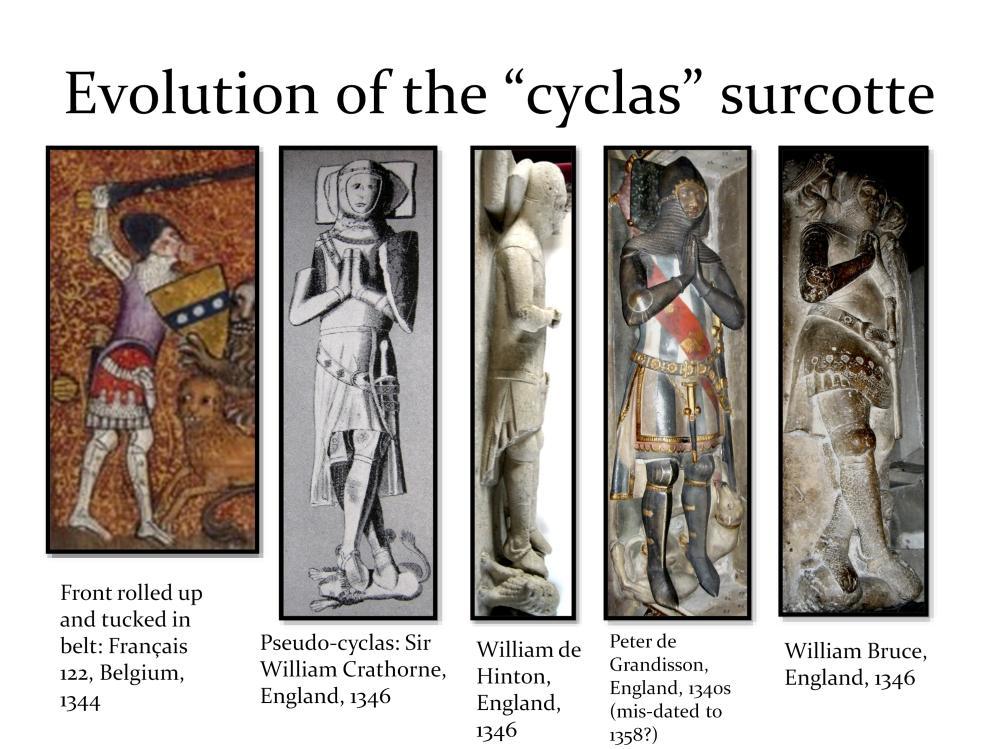 This series of images shows how the style may have evolved. Most cyclas-style surcottes are seen in imagery dated solidly to the 1340s, but here and there are some outliers, date-wise.
