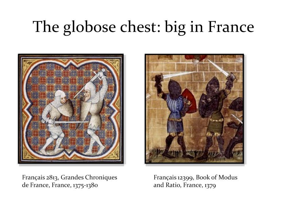 These two illuminations show the intensity of the curve over the chest in the 1370s in France.