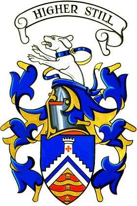 Ernest John Altobello Arms: Parted per chevron Azure and in base Or three bars wavy Gules each charged of an escallop Or, on a chevron grady on the upper edge ensigned of a tower Argent charged with