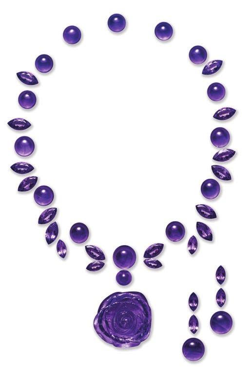 A bold, daring necklace and earring layout featuring amethyst cabochon and navette-cut stones totalling nearly 190 carats with a 139-carat amethyst carved rose pendant exudes romance and femininity.