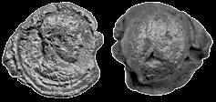 Ovalni olovni pečat u obliku konusa na kome se nalazi kanal za vrpcu Avers: Poprsje cara okrenuto nadesno; nosi dijademu