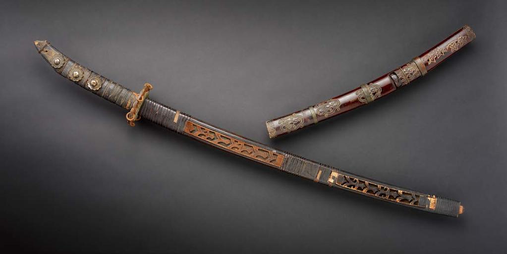 Lacquered wood ceremonial sword Emush with iron and brass Tsuba, no blade Late Edo Period,