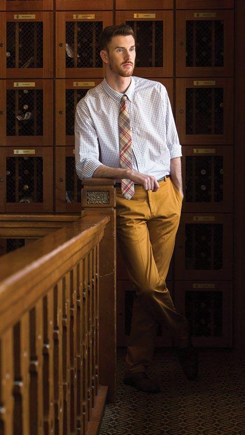 The Lumina Clothing Co Gray Check Button Down, $84, Golden Yellow Chinos, $74, and Tie, $48, Lumina As an architecture student at N.C State University, Barton Strawn began designing neckwear.