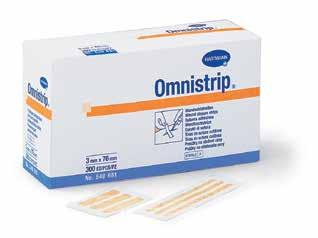 Omnistrip Wound closure strips Latex free PROVIDES PROTECTS THE WOUND REMOVES KILLS AND /OR REMOVES BACTERIA - - - FEATURES & BENEFITS: Flexible, non woven material allows for expansion arising from