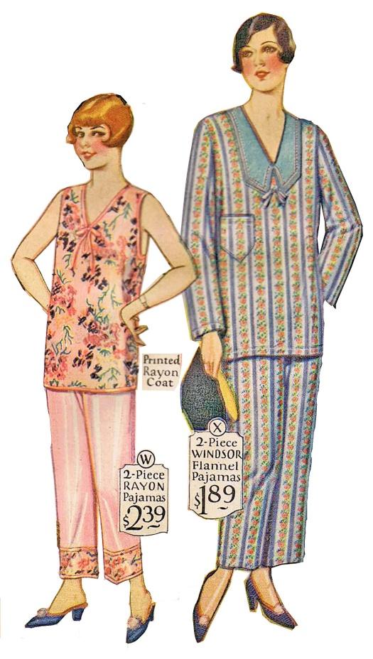 The pajama on the left is for girls, aged 6 to 14 years. These two- piece pajamas are made from knitted Rayon, in a solid and printed design. The trousers have an elastic waistband and matching trim.