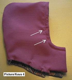 downwards from this (picture 4, arrows). Shell and sleeves Sew the shoulder seams of the shell. Attach sleeves to armscyes. Sew the sleeve and the side seams continuously.