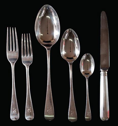 226 226 A matched silver Old English pattern part flatware service, various makers and dates initialled, includes twelve tablespoons, twelve steel bladed dessert knives, twelve dessert forks, twelve