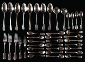 * 200-250 234 A collection of Georgian silver flatwares, assorted patterns, various makers and dates all bear the Riddle family crest, includes a pair of bead edge sauce