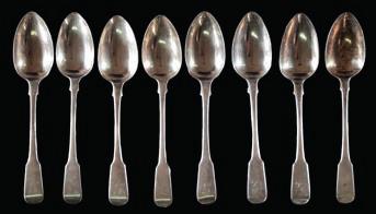 dessert spoons, two sauce ladles, and six table forks, total weight of silver 42.34ozs.