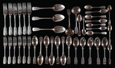242 A matched silver part fiddle pattern flatware service, various makers and dates initialled, includes six table forks, six dessert forks, three tablespoons, twelve dessert spoons,