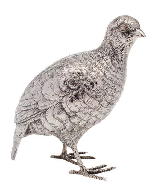 284 A German silver model of a partridge, bears import marks for Berthold Hermann Muller, London, 1921 with naturalistic plumage, 16.5cm. high, 11.41ozs.