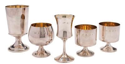 174 A suite of Elizabeth II silver drinking vessels, maker A T Cannon Ltd, Birmingham, 1972 with gilded interiors, includes sherry, brandy, red and white wine coblets (5) total weight of silver 15.