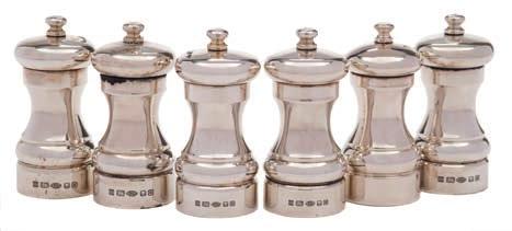 197 A set of five Elizabeth II silver salt and pepper mills, maker Simon Hersey, London, 2012 of traditional design, together with a