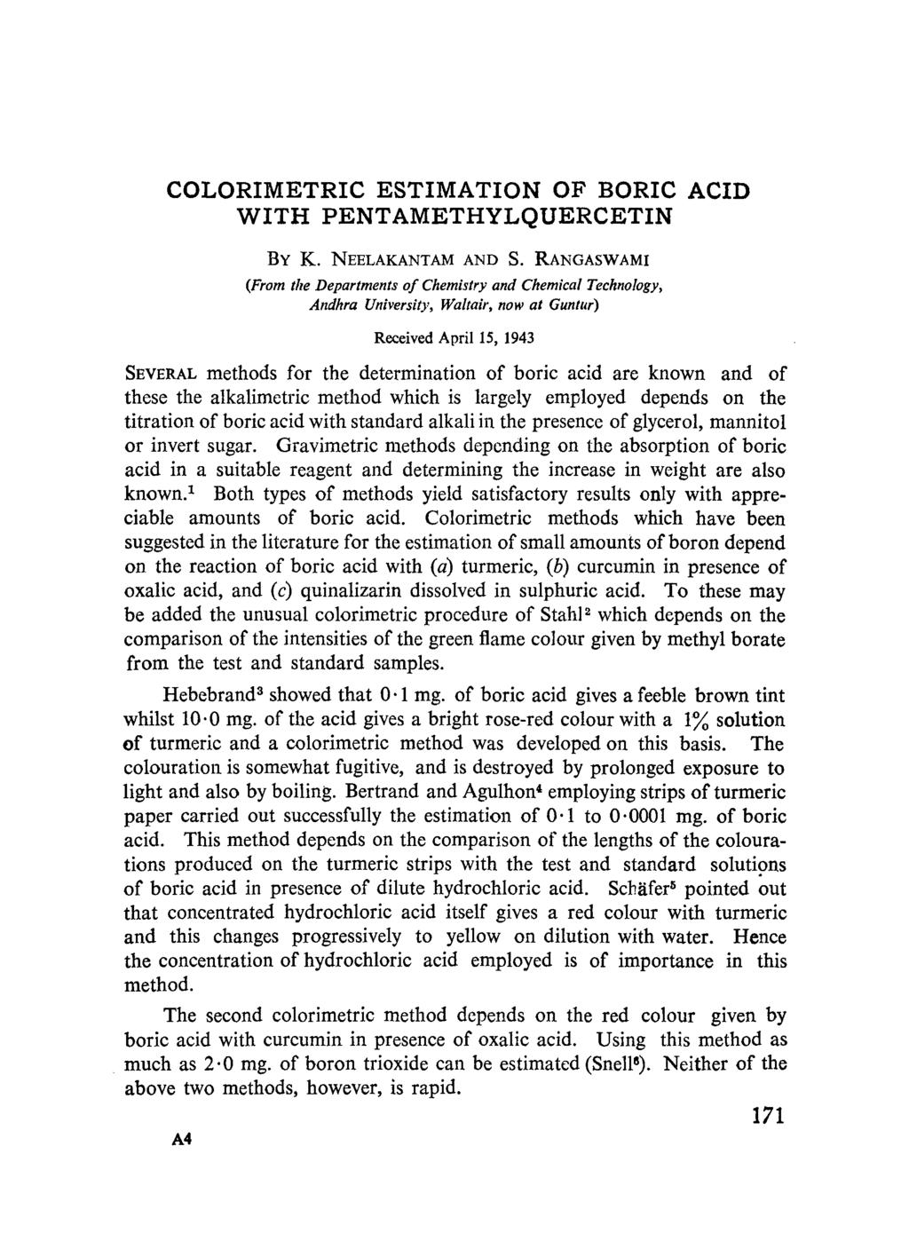 COLORIMETRIC ESTIMATION OF BORIC ACID WITH PENTAMETHYLQUERCETIN BY K. NEELAKANTAM AND S.