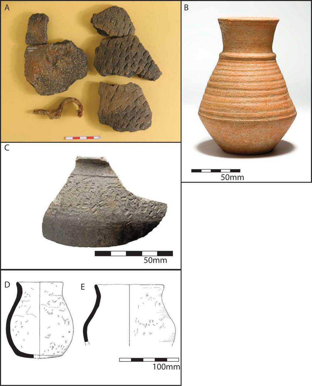 Figure 3: Examples of Pottery Discussed in the Text a) Oolithic limestone tempered pottery from Springhead; b) and c) imported wares from the East Kent