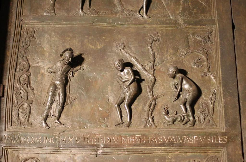 Ottonian Empire God accusing adam and eve, Doors with relief panels, showing bible scenes from Genesis, to Jesus.