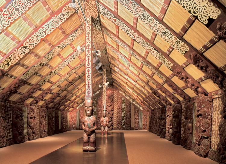 TE-HAU-KI-TURANGA Interior of a Maori meetinghouse 1842-3; restored 1935 Wood, shell, grass, flax, pigments Symbolic embodiment of ancestral spirit entering meetinghouse=entering ancestor s body:
