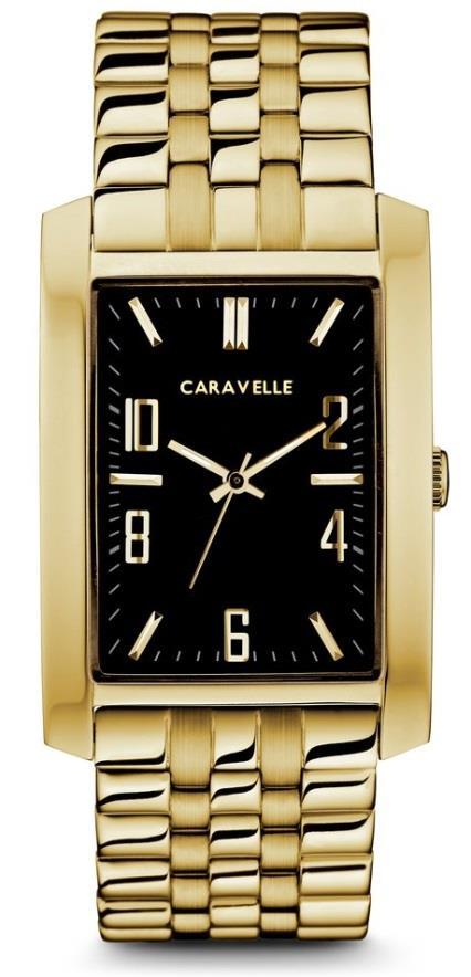 44B120 Bulova Caravelle Men s Watch, Updated traditional stainless steel with gold finish watch featuring patterned black dial, luminous hands, calendar, second hand, 24- hour track, and