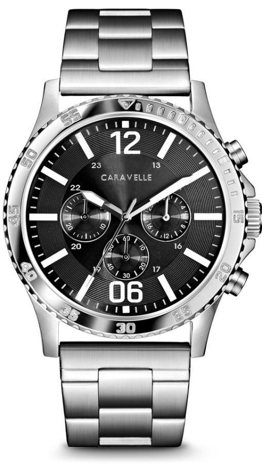 43A144 Bulova Caravelle Men s Watch. Modern yet highly functional, this chronograph features stainless steel case and bracelet, gray dial, luminous markers and hands. Fold-over buckle closure.