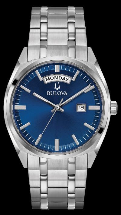 Stainless steel case and bracelet with double-press deployant closure, gunmetal dial, three-hand calendar, flat mineral glass. Case Diameter: 40 mm. Water Resistance: 30M. 98B254 Bulova Men's Watches.