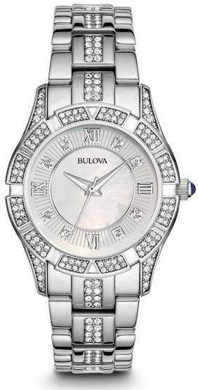 98M125 Bulova Watches - Stainless steel case with rose gold-tone accents, white mother-of-pearl dial, three-hand calendar, flat