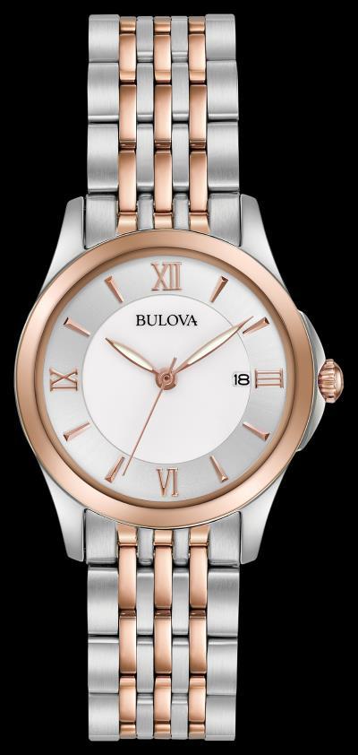 . Case Diameter: 27 mm Water Resistance: 30M 98P157 Bulova Watches - In stainless steel and gold-tone, 12 diamonds individually hand