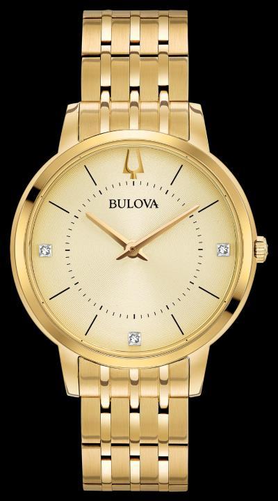 98L135 Bulova New ultra-slim classic styling in goldtone stainless steel case with three diamonds individually hand set on light champagne dial, mineral glass, gold-tone stainless steel bracelet with