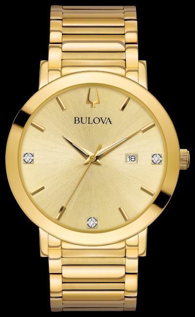 : 45" D: 1" 97D116 Bulova Men s Watch In black IP and gold-tone stainless steel with three diamonds on black dial, three-hand date feature, metalized edge-to-edge curved crystal, screwback case,
