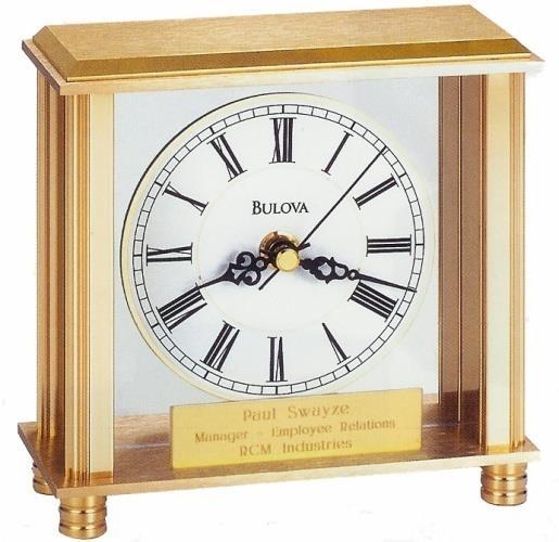Clock; thermometer with Fahrenheit and Centigrade; hygrometer. Polished gold-tone bezels. 8 inch x 1 inch engraving plate included.