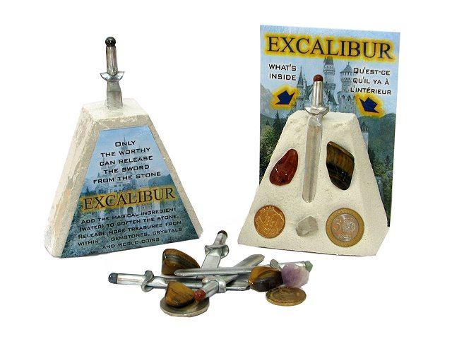 Page 3 of 4 Excalibur Only the worthy can release the sword from the stone. Includes a handmade cold-formed steel sword topped with a gemstone.