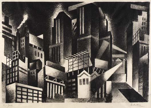 Grove 2 (http://americanart.si.edu/collections/search/artwork/?id=16466) This is a lithograph by Jan Matulka titled: New York. It was created before 1925. This piece includes sharp, bold lines.