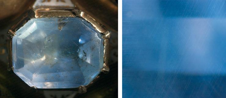 Figure 4. Sapphire KS1 (see table 1), like the other sapphires in the ciborium, has a slightly domed table (left; stone is 10.