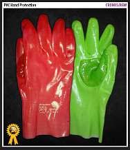 DROMEX RED PVC SMOOTH SMOOTH RED PVC GLOVES DROMEX CRONUS HI-VIS dual color RED/GREEN PVC gloves, reinforced thumb, Wrist length or elbow length.