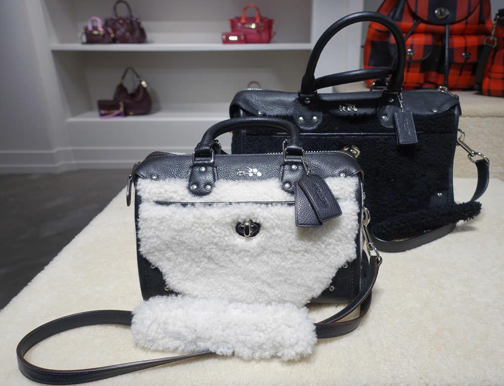 The collection also includes lots of shearling, which appears everywhere from candy-colored mini bags with fur pompoms to extravagant shearling coats.
