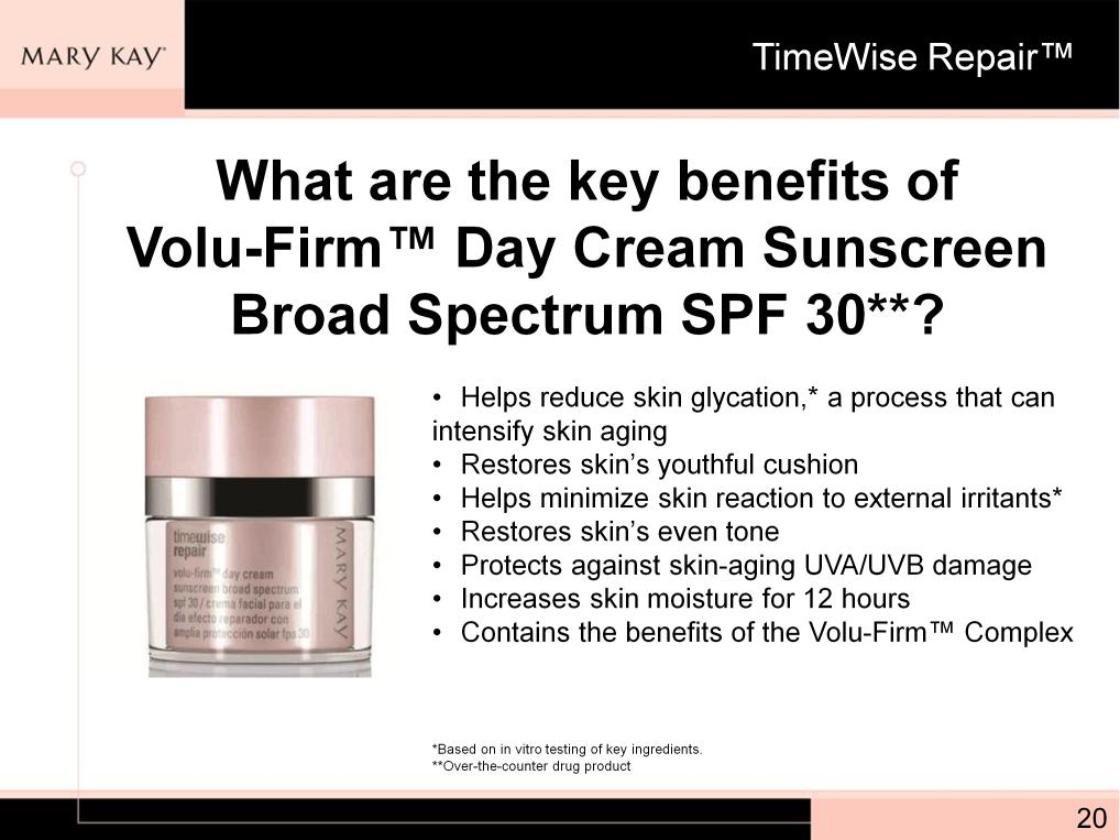It delivers broad spectrum protection against skin-aging UVA/UVB damage The power statement for Day Cream Sunscreen Broad Spectrum SPF 30** is Resist A.G.E.ing like never before+.
