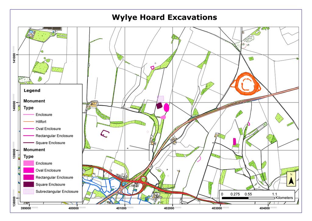 Figure 2. Map of enclosures within the wider region of the Wylye Hoard (Wiltshire and Swindon HLC and under the copyright of Wiltshire Council 2015; Ordnance Survey 2015).