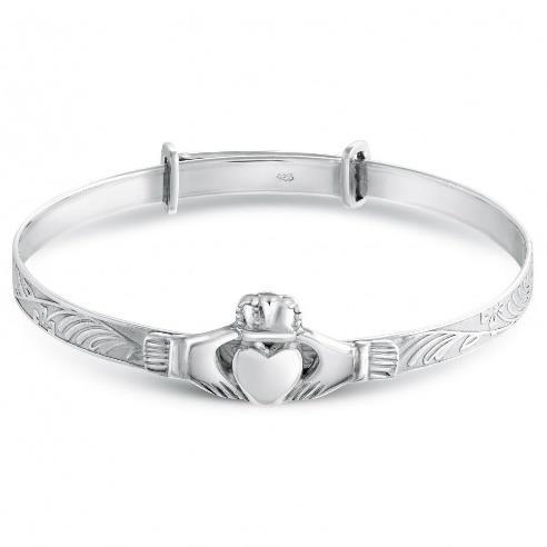FORMAT 2 Title: Claddagh Baby Sterling Silver Bangle, with Personalisation Description: A stunning bangle embellished with imposing details, this Claddagh baby sterling silver bangle is a great gift