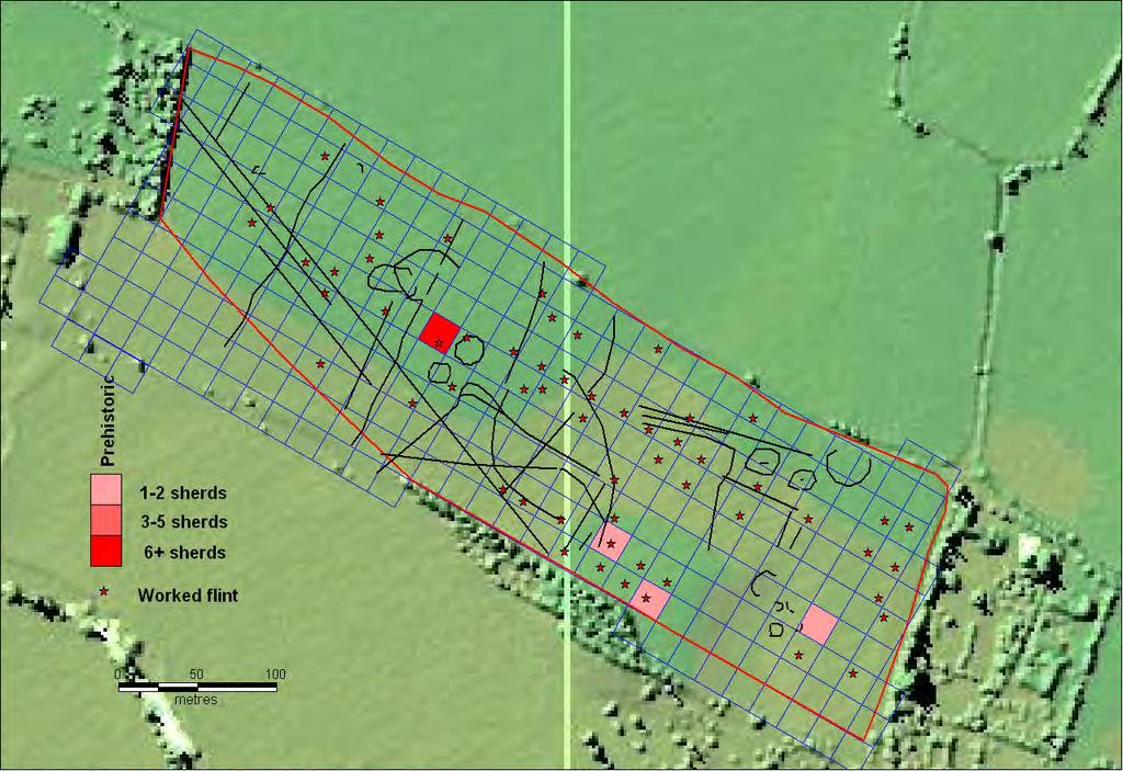 The distribution of the worked flints overlain with the prehistoric pottery is shown in Figure 10. Lidar data English Heritage Figure 10. Distribution of worked flint and prehistoric pottery.
