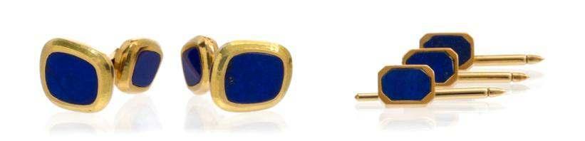 Sale 394 Lot 462 A Pair of 18 Karat Yellow Gold and Lapis Lazuli Cufflinks, Van Cleef & Arpels, consisting of a pair of cufflinks containing four inset tablet cut lapis lazuli within hammered texture