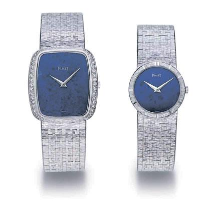 2017 2017 PIAGET A SET OF TWO WHITE GOLD AND DIAMOND SET BRACELET WATCHES WITH LAPIS LAZULI DIALS LEFT: REF. 9765 A6, CASE NO. 242173, CIRCA 1990; RIGHT: REF. 9701 A6, CASE NO.
