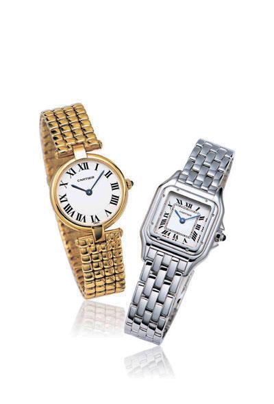 2027 2027 CARTIER A SET OF TWO LADY'S GOLD BRACELET WATCHES LEFT: REF. W25016F3, CASE NO. 810027055, CIRCA 2001; RIGHT: REF. 1660, CASE NO.