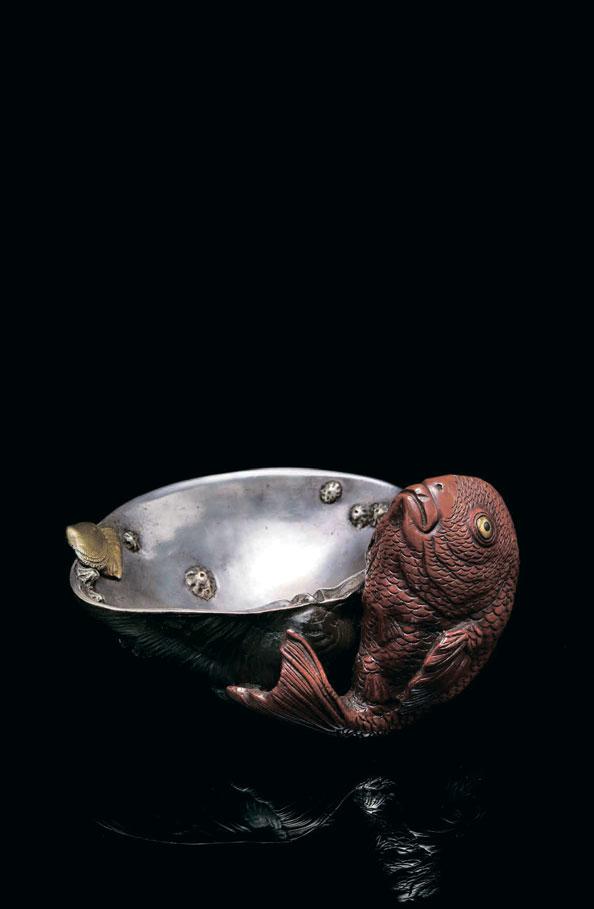 2080 JAPAN A MEIJI PERIOD SILVER PLATE AND BRONZE SHELL-LIKE ORNAMENT WITH CARVED KOI FISH CIRCA 1890