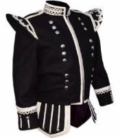 GPC-1051 Pipe Band Doublets Black 100% Melton wool body, White piping, 18 button front zip closure, Silver braid trim, Scrolling silver trim on collar,