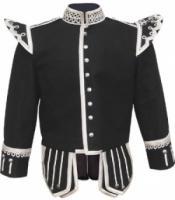 nylon / silk blend full lining 2 inch standup collar 28 silver thistle buttons Removable shoulder shells with silver scrolling trim Made to measure for a perfect