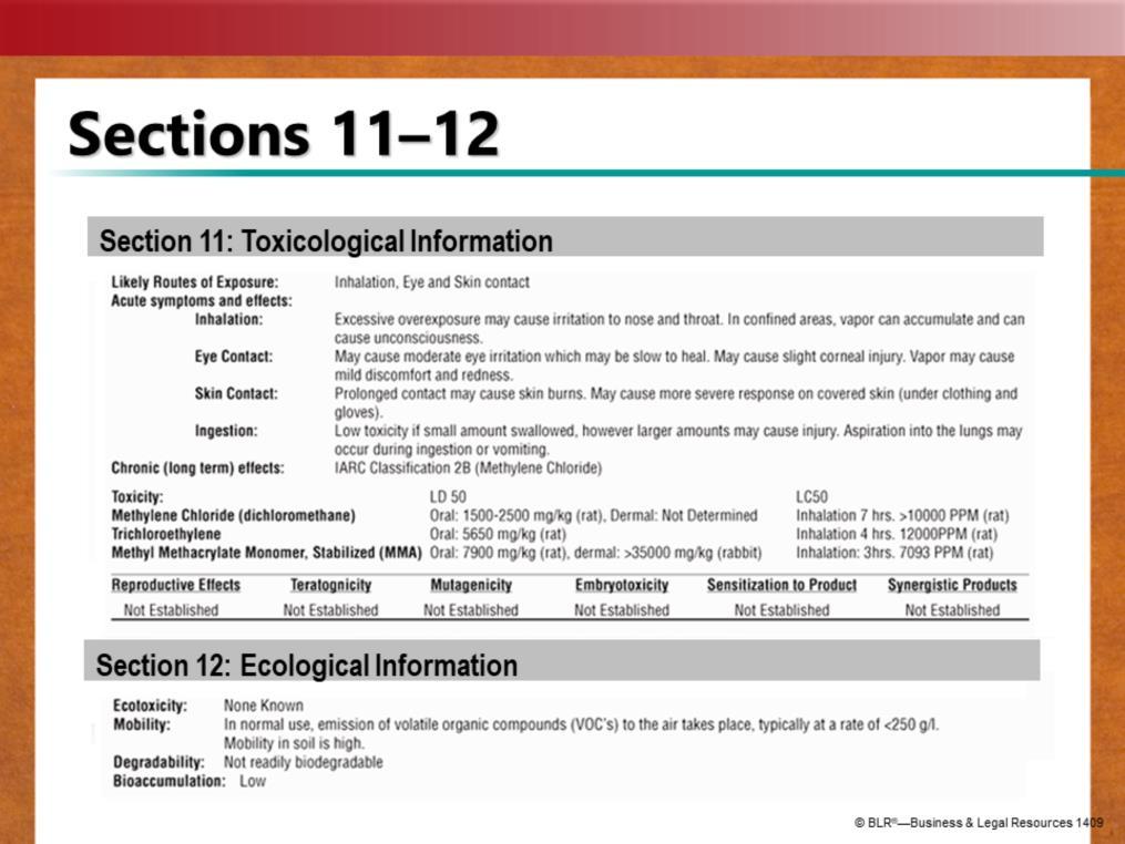 Section 11 contains information describing likely routes of exposure, symptoms, immediate and delayed health effects and numerical measures of toxicity.