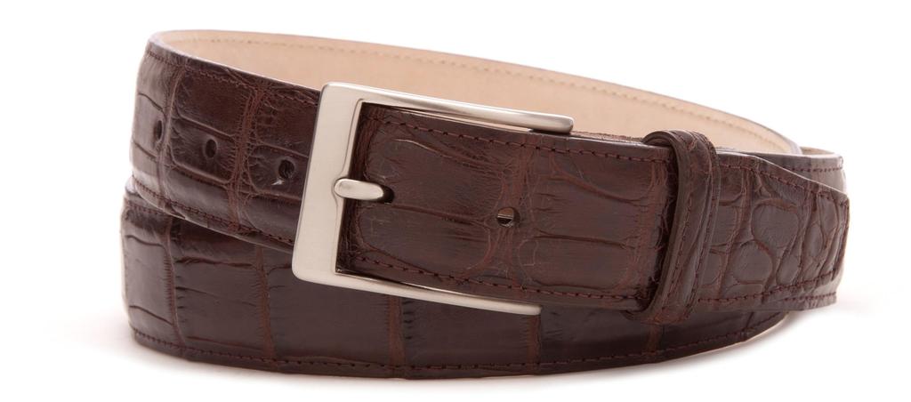 Genuine Alligator Men s Belt Material: Genuine American alligator with a light luster Lining: Natural suede that won t bleed color onto your pants, will age well and will