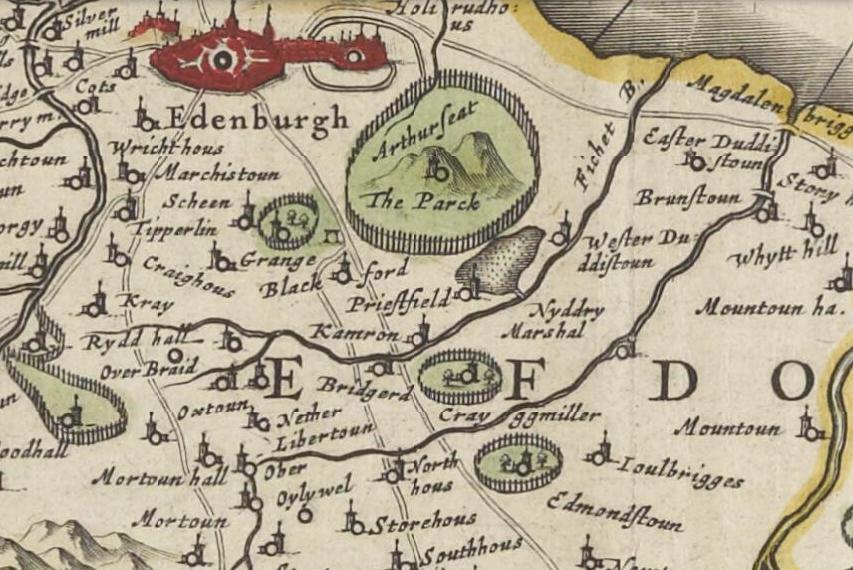 Figure 14: Brunstoun (Brunstane) depicted on Blaeu J and Blaeu s map of 1654 Lothian and Linlitquo (Reproduced with the permission of the National Library of Scotland: http://maps.nls.