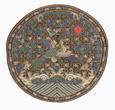 7. Purchased Round Badge (buzi) With Peacock China, Qing dynasty, 1850-70 Silk tapestry (kesi) with metallic thread and ink Lent by Dodi Fromson This is a special type of round badge for a woman.