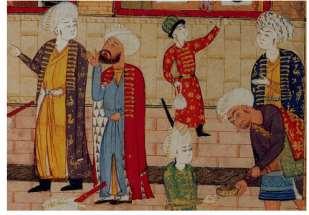 5, grey qaba has red lining, while blue in fig.3, has white. Moreover, a variety of qabās can be viewed in the double page miniature Timūr holds an audience in Bulkh, from Z afarnāma, 1480-85, figs.